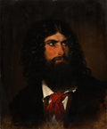 Retrato de um jovem com cabelos longos e barba escura, vestindo camisa branca e lenço vermelho, olhando para cima, em estilo clássico de Friedrich von Amerling.