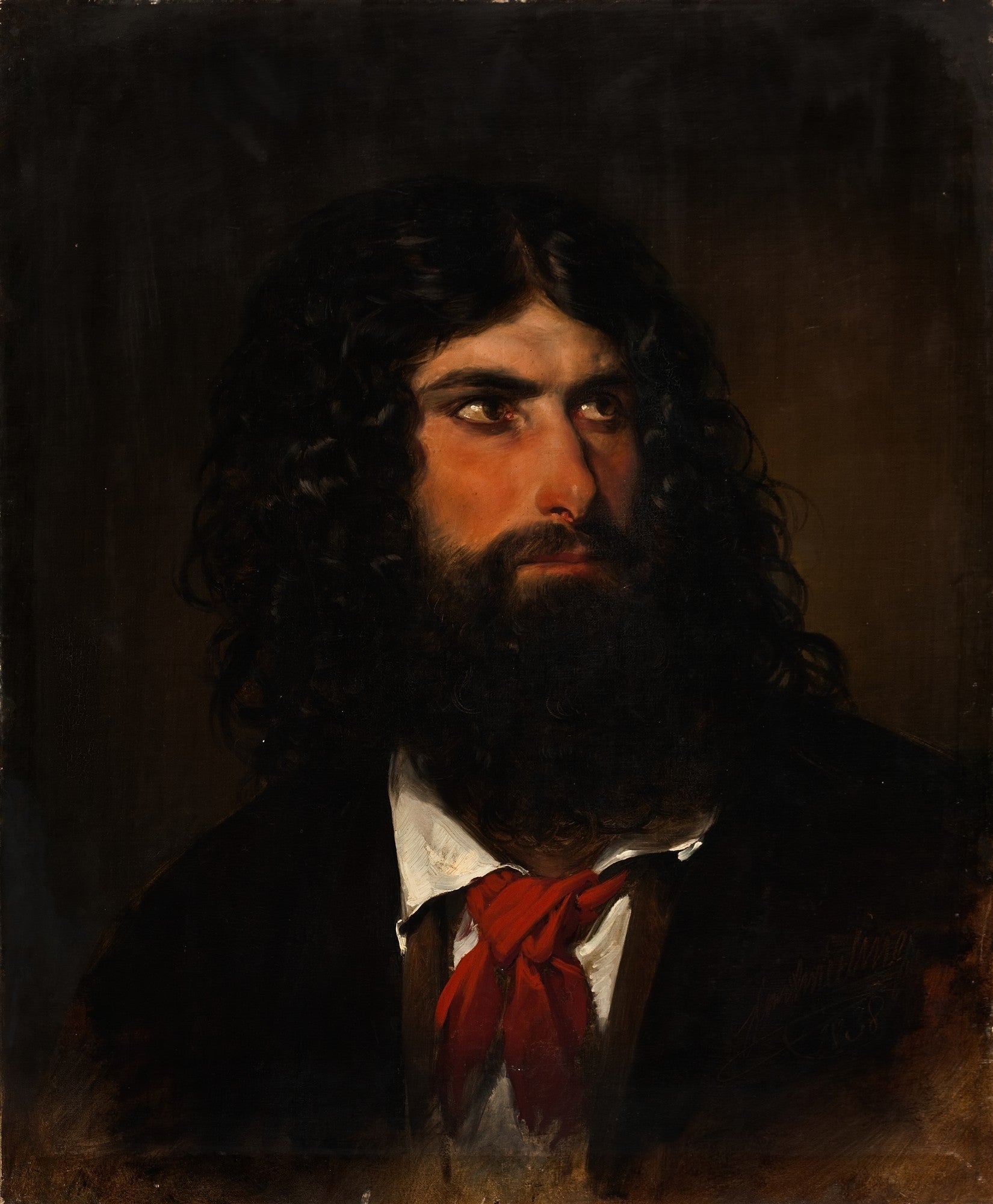 Retrato de um jovem com cabelos longos e barba escura, vestindo camisa branca e lenço vermelho, olhando para cima, em estilo clássico de Friedrich von Amerling.