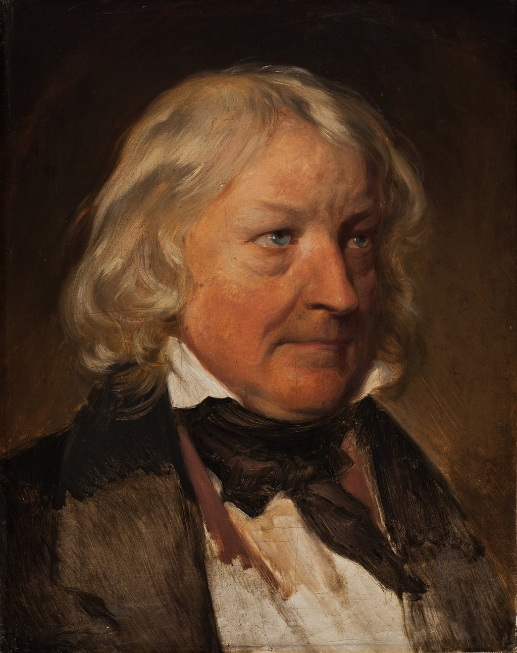 Retrato a óleo de um homem de meia-idade com cabelos loiros-grisalhos, olhar pensativo e vestimenta formal escura com gola branca, atribuído a Friedrich Von Amerling.