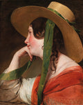 Retrato de perfil de uma jovem mulher, atribuído a Friedrich von Amerling, usando um chapéu grande de palha com laço verde e um xale vermelho. Ela tem a mão no queixo em pose pensativa.