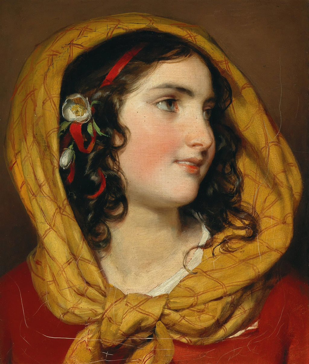 Retrato de uma jovem mulher de perfil, usando um lenço amarelo na cabeça e um vestido vermelho, atribuído a Friedrich Von Amerling.