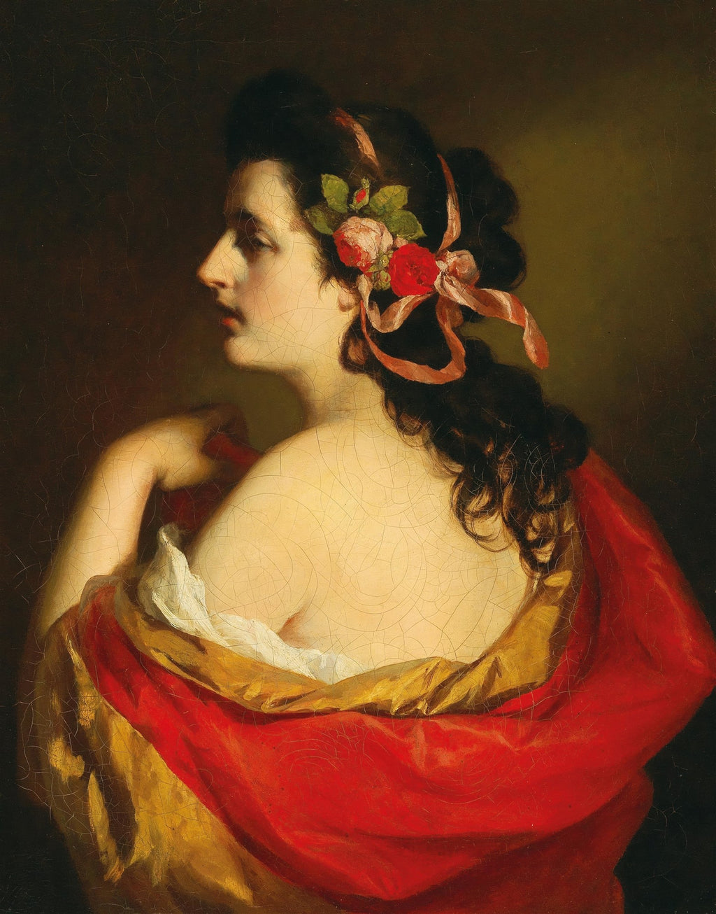 Retrato lateral de uma mulher com flores no cabelo, envolta em tecido vermelho e dourado, obra de Friedrich Von Amerling. Quadro decorativo clássico.