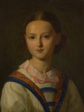 Retrato de uma jovem menina com laços vermelhos no cabelo, pintado por Friedrich von Amerling. A menina tem um semblante sereno e veste uma roupa branca com detalhes em rosa e azul, em estilo clássico. A imagem possui rachaduras visíveis na pintura devido à idade da obra de arte.