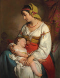 Quadro decorativo representando uma mãe jovem com lenço amarelo na cabeça, vestido branco e vermelho, segurando um bebê adormecido em seus braços. A cena é de ternura e afeto, com o bebê dormindo serenamente.