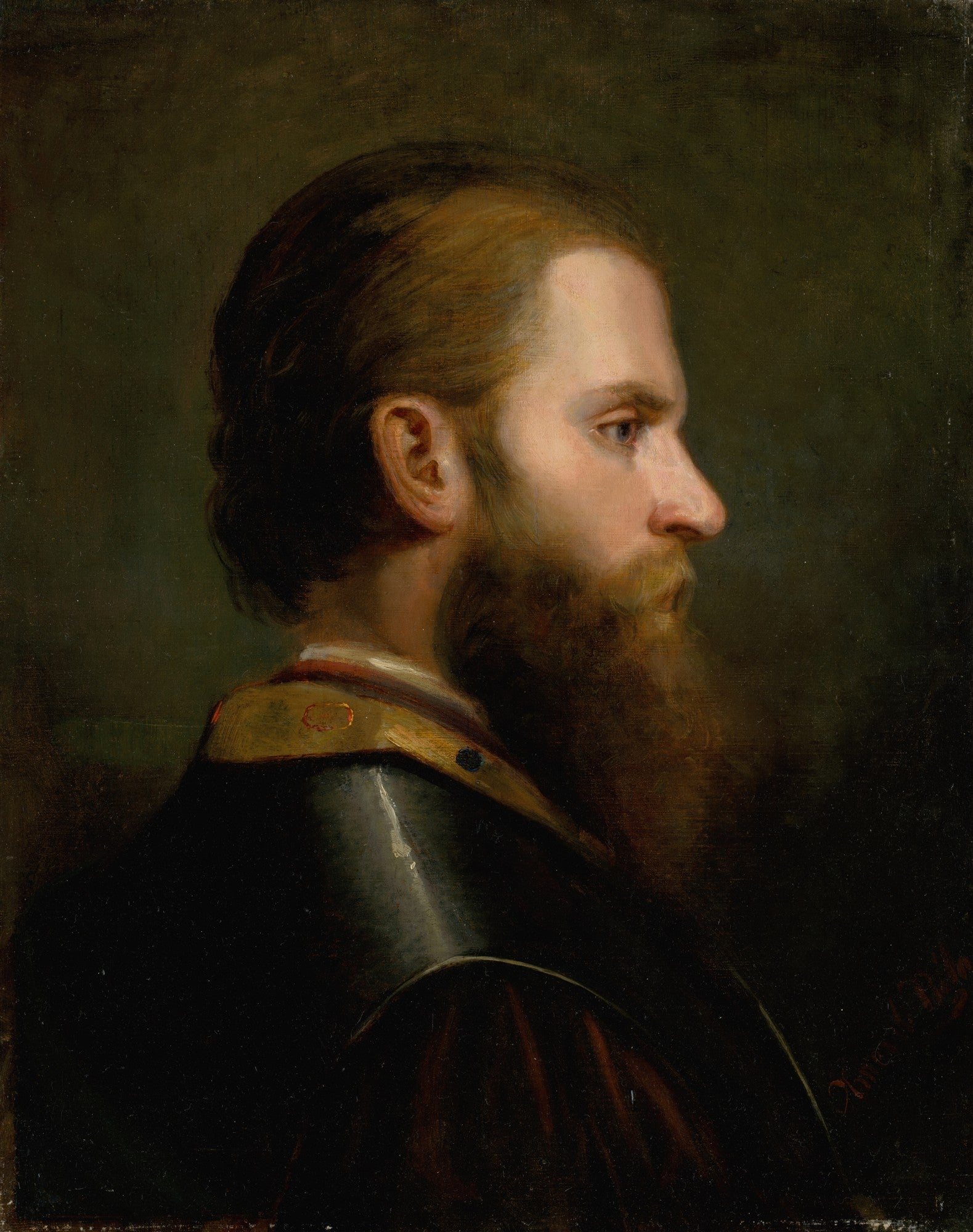 Retrato de perfil de um homem barbudo, usando armadura escura, em uma pintura a óleo de Friedrich von Amerling.