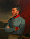 Retrato a óleo de um homem de perfil, com uniforme militar azul e vermelho, braços cruzados, e fundo com cortina vermelha e paisagem ao entardecer, atribuído a Friedrich von Amerling.