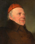 Retrato a óleo de um senhor idoso com chapéu vermelho de cardeal, atribuído a Friedrich von Amerling, em fundo escuro