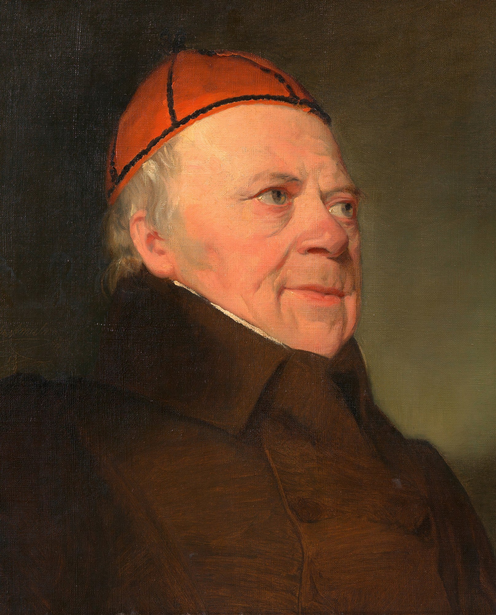 Retrato a óleo de um senhor idoso com chapéu vermelho de cardeal, atribuído a Friedrich von Amerling, em fundo escuro
