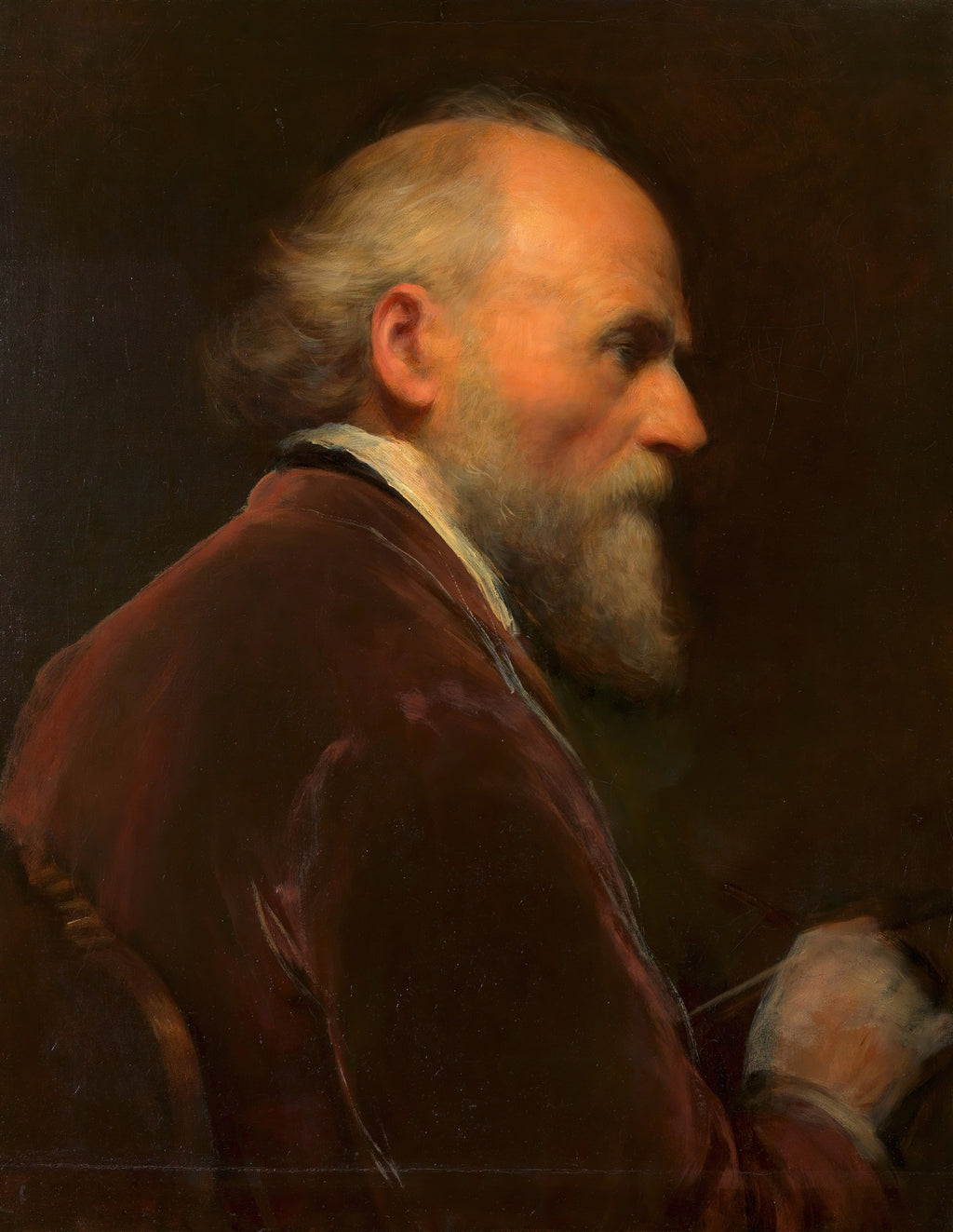 Retrato clássico de um homem idoso com barba, cabelo grisalho e casaco marrom-avermelhado, olhando para a direita com um olhar pensativo, fundo escuro. Atribuído a Friedrich von Amerling.