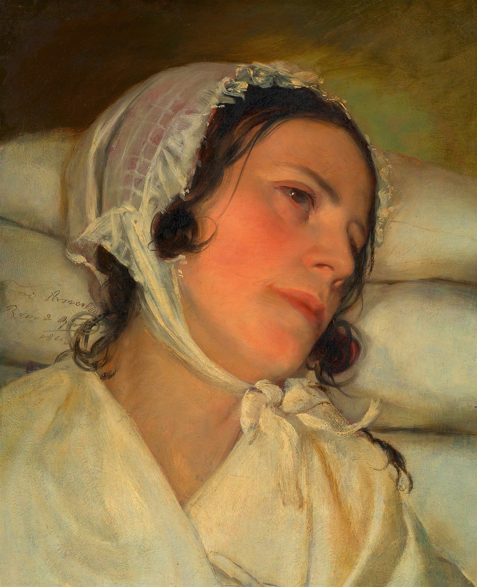 Retrato de uma mulher com touca branca, deitada, com expressão pensativa, em tons suaves. Obra 'A Doente' de Friedrich von Amerling.