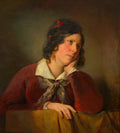 Retrato de uma jovem sonhadora em estilo Biedermeier, atribuída a Friedrich von Amerling. A mulher, com cabelo escuro e fitas vermelhas, apoia o rosto na mão, vestindo uma blusa branca e um casaco vermelho escuro, com um lenço colorido no pescoço. A iluminação destaca seu rosto pensativo.