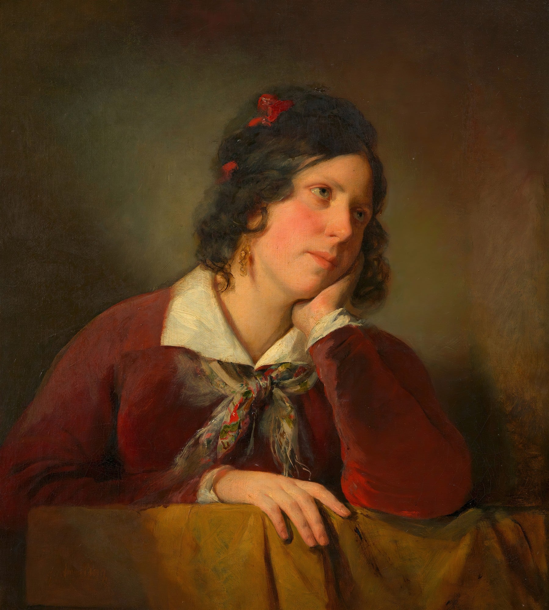 Retrato de uma jovem sonhadora em estilo Biedermeier, atribuída a Friedrich von Amerling. A mulher, com cabelo escuro e fitas vermelhas, apoia o rosto na mão, vestindo uma blusa branca e um casaco vermelho escuro, com um lenço colorido no pescoço. A iluminação destaca seu rosto pensativo.