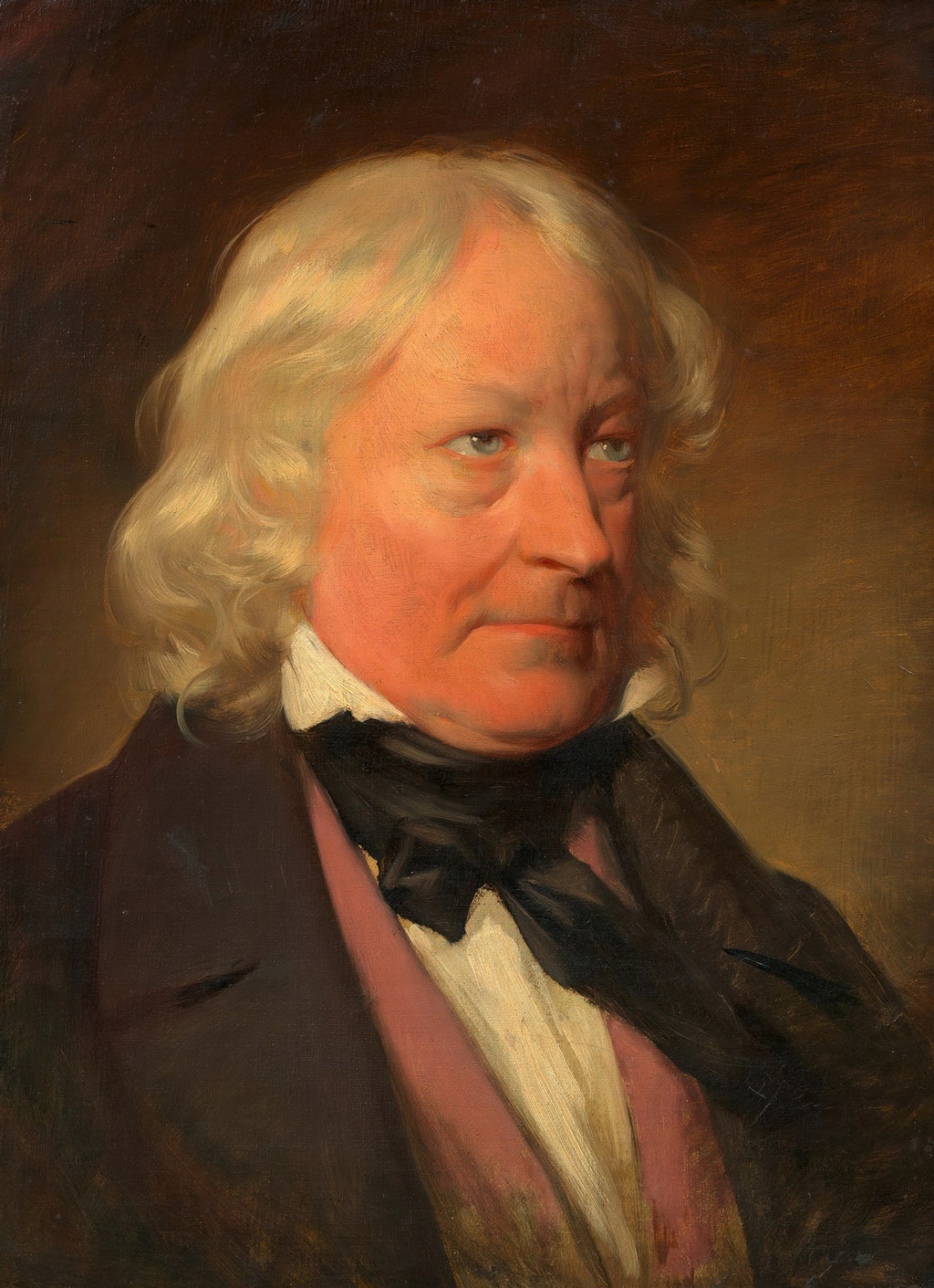 Retrato de um homem idoso de cabelos brancos e rosto rosado, vestindo terno escuro e gravata borboleta preta, olhando para o lado direito. A obra é atribuída a Friedrich Von Amerling.