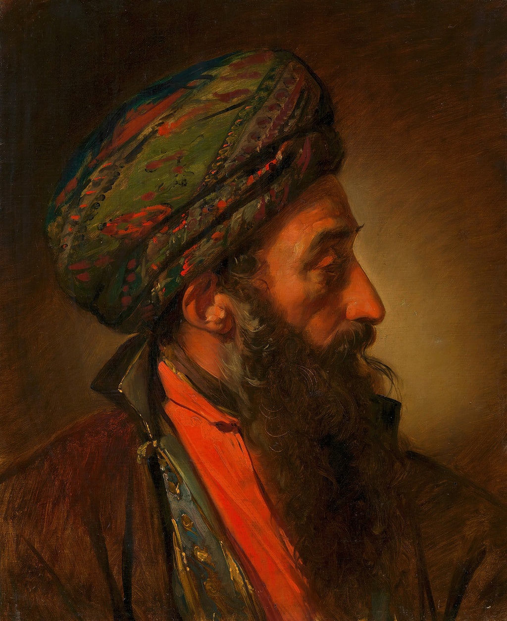 Retrato de perfil de um homem barbudo, usando um turbante colorido, atribuído a Friedrich Von Amerling. A imagem mostra um sultão com vestes ricas e expressão pensativa.