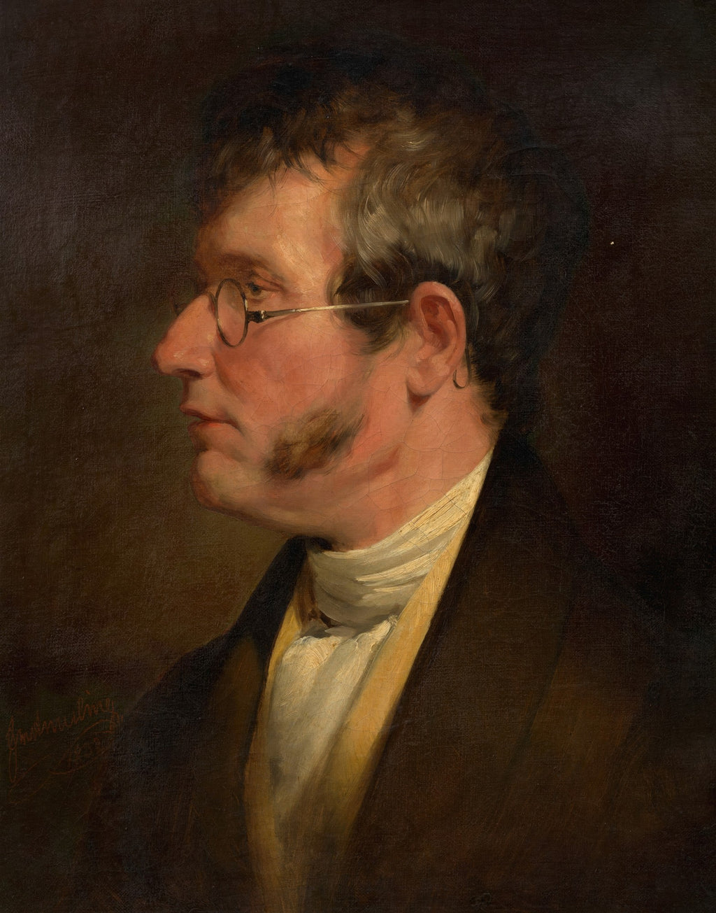 Retrato de um homem de perfil com óculos, barba e casaco escuro, em estilo clássico, atribuído a Friedrich von Amerling.