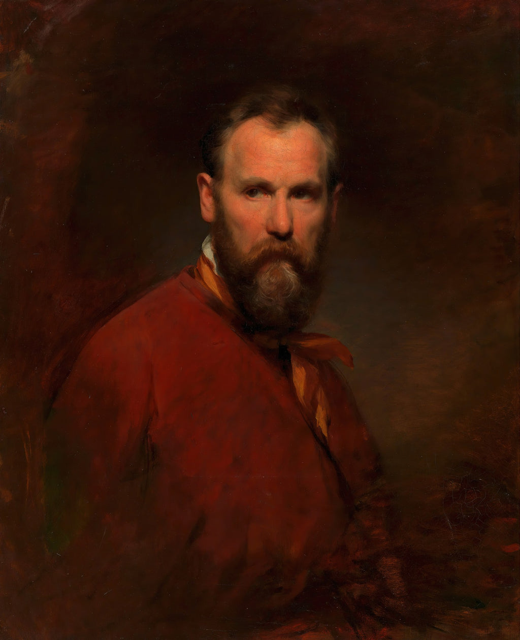 Retrato a óleo de um homem barbado, com barba castanho-avermelhada, usando uma túnica vermelha, em um fundo escuro. Atribuído a Friedrich von Amerling.