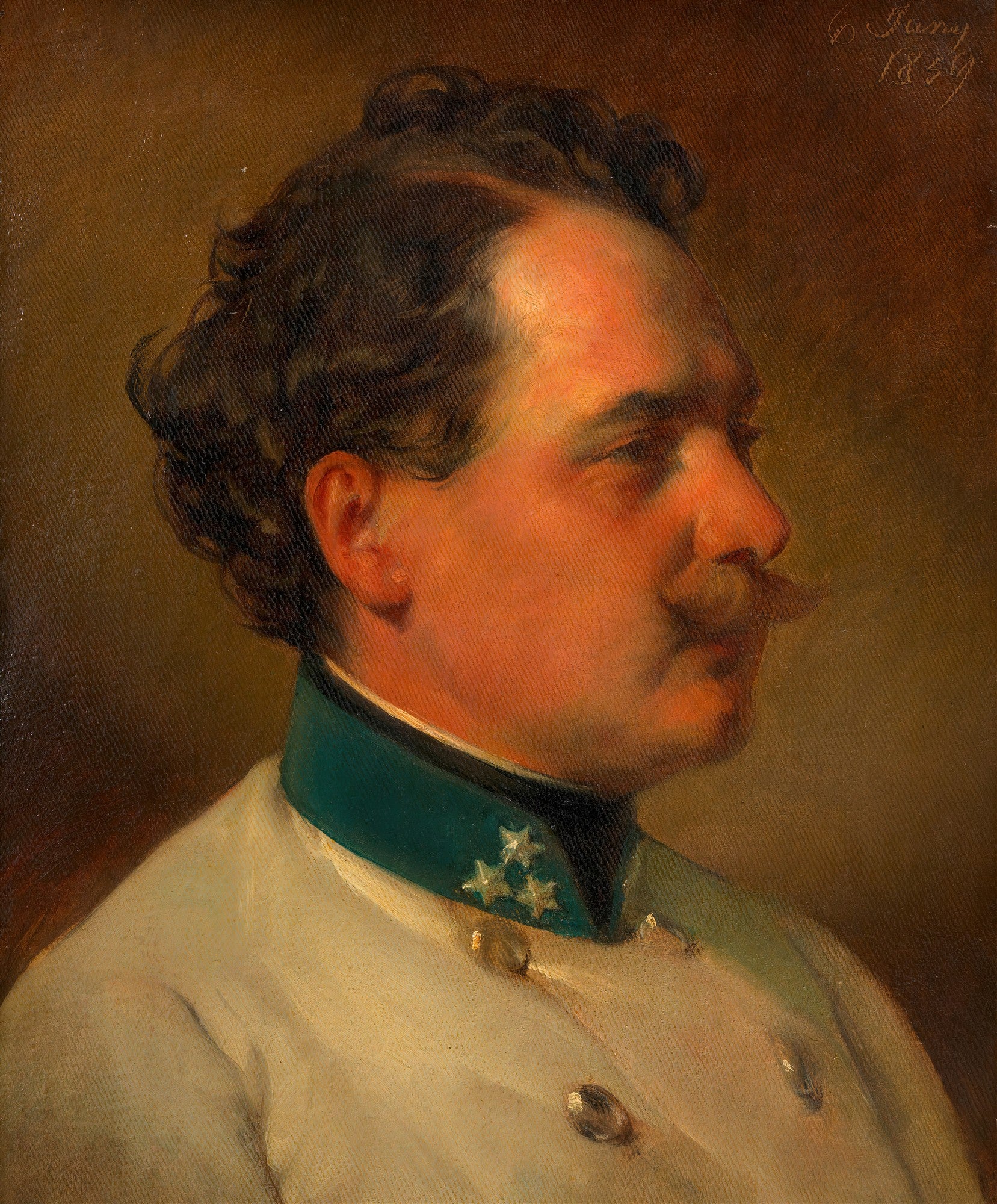 Retrato de um homem com bigode, vestindo um uniforme militar branco com gola verde e distintivos de estrela, pintado em estilo clássico por Friedrich von Amerling.