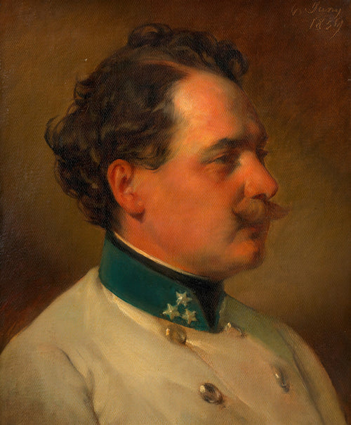 Retrato de um homem com bigode, vestindo um uniforme militar branco com gola verde e distintivos de estrela, pintado em estilo clássico por Friedrich von Amerling.