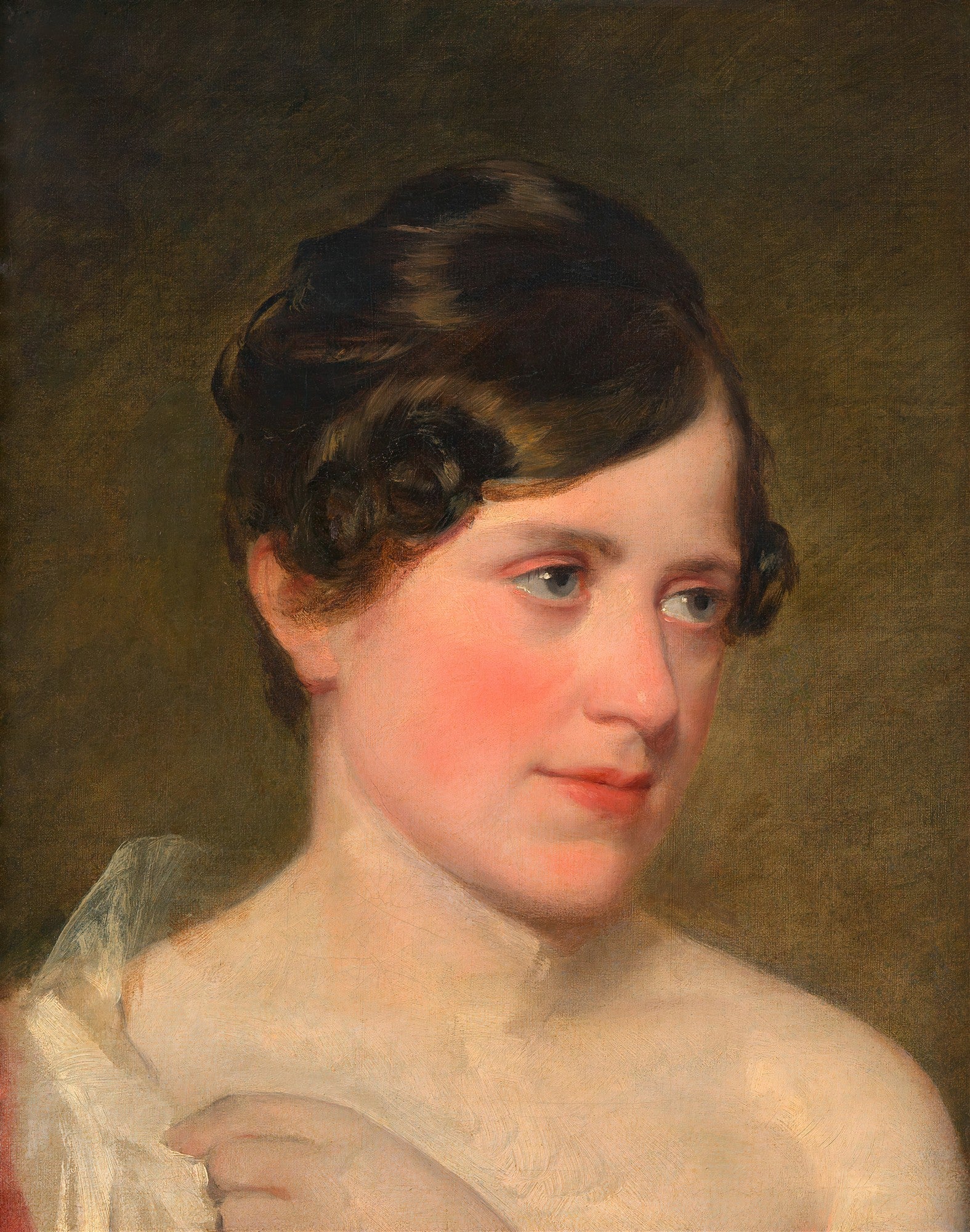 Retrato feminino de busto, atribuído a Friedrich Von Amerling, com cabelos escuros e pele clara, destacando bochechas rosadas e olhos azuis, em um fundo escuro.