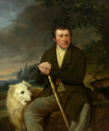 Pintura a óleo de um homem sentado com um cão branco ao seu lado, ambos olhando para a direita. O homem segura um cajado e está em um cenário de paisagem nublada. Assinado por F. Amerling, 1828.
