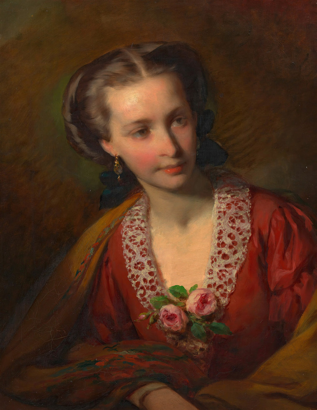Retrato de uma jovem mulher de pele clara, cabelos escuros penteados para trás, vestindo um vestido vermelho com renda branca no decote e um ramalhete de rosas cor-de-rosa no peito. Ela usa um brinco dourado e tem uma expressão pensativa. A técnica é óleo sobre tela, com um fundo escuro e detalhes luminosos.