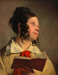 Retrato de uma jovem leitora com cabelos escuros cacheados, vestindo camisa branca e laço vermelho, segurando um livro aberto, com olhar pensativo para o lado. Obra de Friedrich von Amerling.