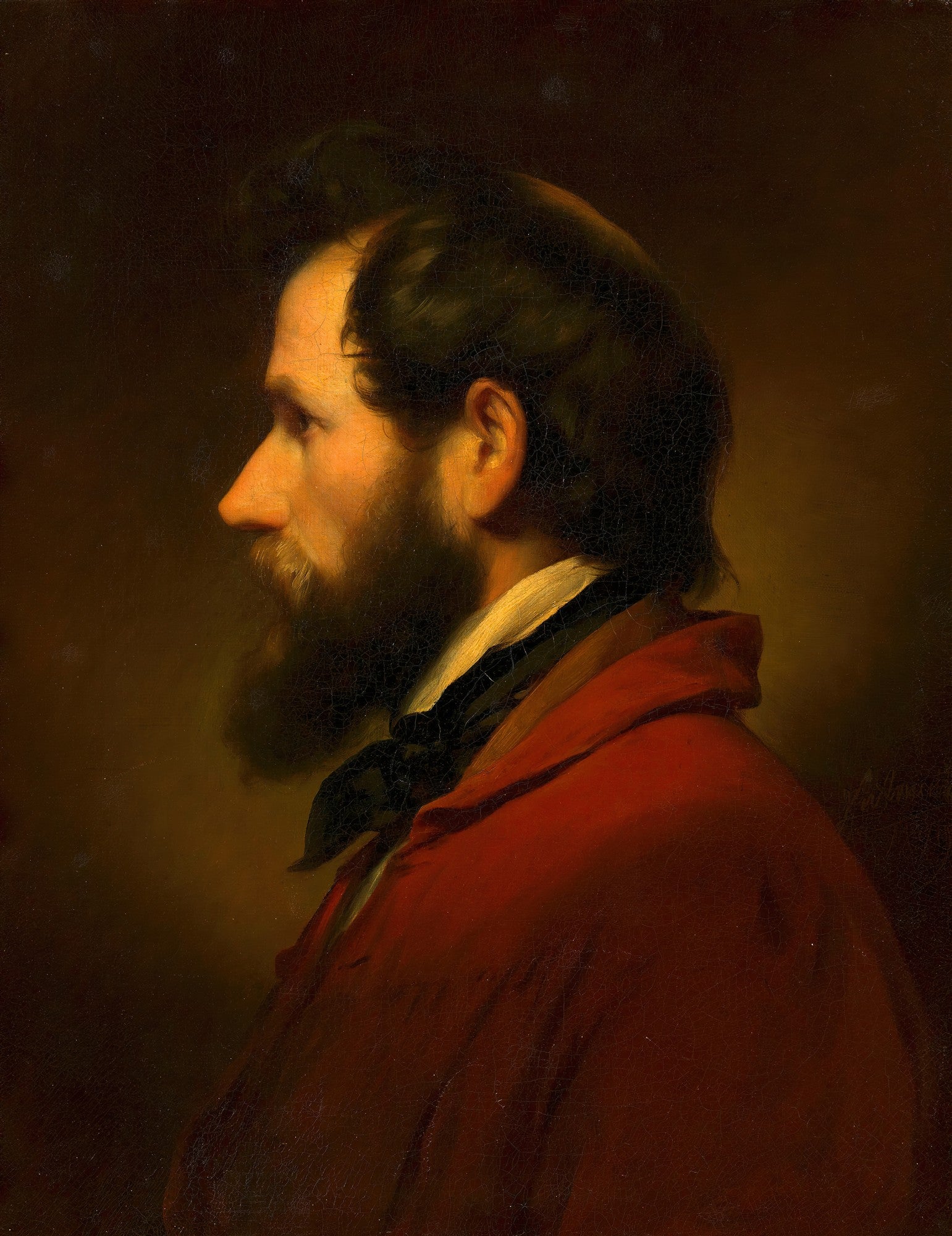 Retrato de perfil de um homem barbudo com cabelo escuro e casaco vermelho vibrante, sobre um fundo escuro, em estilo clássico de pintura a óleo, atribuído a Friedrich von Amerling.