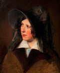 Retrato de uma dama com chapéu e véu preto, atribuído a Friedrich Von Amerling, com fundo marrom escuro. A mulher tem um semblante pensativo e veste uma gola branca e casaco marrom.