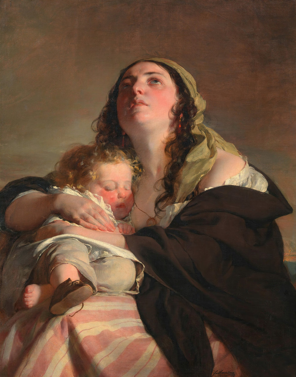 Pintura a óleo de Friedrich von Amerling mostrando uma mulher com um lenço na cabeça, olhando para cima com expressão de devoção, enquanto segura um bebê adormecido em seus braços. A luz incide sobre seus rostos e o lenhinho do bebê, criando um contraste dramático com o fundo escuro.