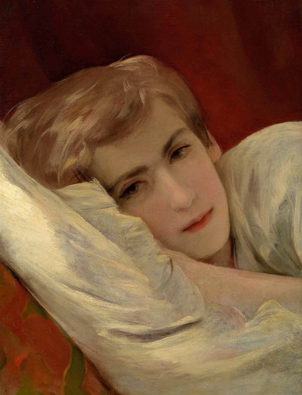 Retrato de uma jovem adormecida deitada, com cabelos claros e expressão serena, em tons de vermelho, dourado e creme, atribuída a Friedrich von Amerling.