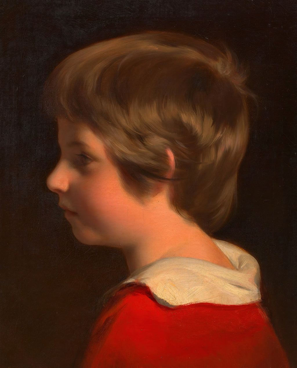 Retrato em perfil de um menino de cabelos castanhos e camisa vermelha com gola branca, pintado por Friedrich Von Amerling.