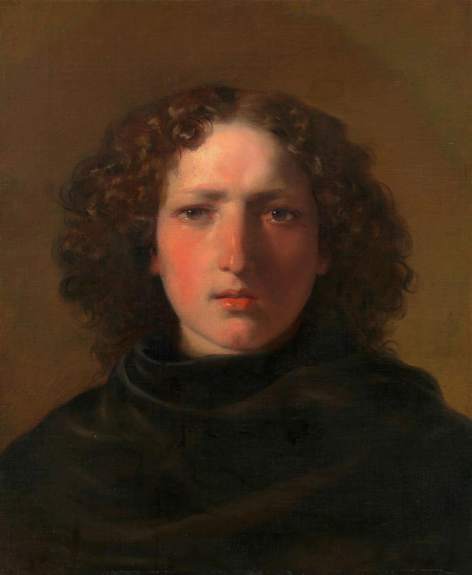 Retrato de uma jovem com cabelos cacheados castanhos e expressão pensativa, usando um manto escuro, pintado por Friedrich Von Amerling. A iluminação destaca o rosto e o rubor das bochechas.