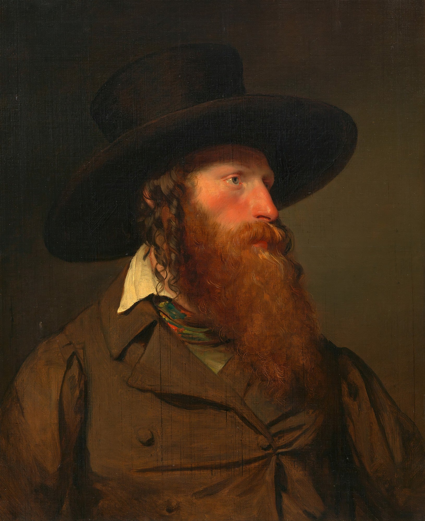 Retrato de um homem barbudo, de perfil, usando chapéu preto de abas largas e casaco marrom, atribuído a Friedrich von Amerling.