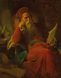 Pintura a óleo de Friedrich Von Amerling, 'O Estudioso', retratando um homem idoso com longa barba branca, vestindo trajes vermelhos e um turbante, sentado em uma poltrona e segurando um pergaminho, com outros livros e instrumentos de escrita ao redor, em um ambiente de estudo.