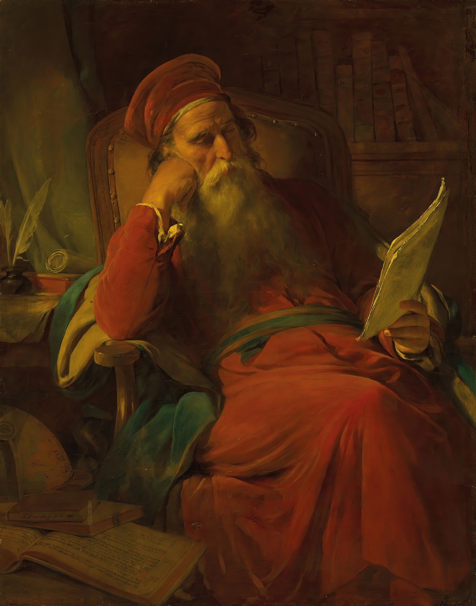 Pintura a óleo de Friedrich Von Amerling, 'O Estudioso', retratando um homem idoso com longa barba branca, vestindo trajes vermelhos e um turbante, sentado em uma poltrona e segurando um pergaminho, com outros livros e instrumentos de escrita ao redor, em um ambiente de estudo.