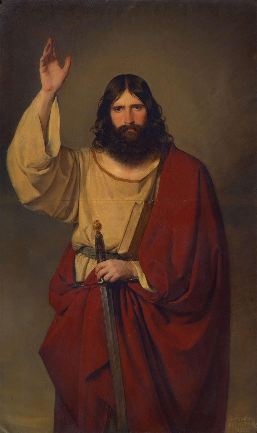 Retrato de Jesus Cristo, atribuído a Friedrich Von Amerling, com barba, cabelo longo, vestes claras e capa vermelha, segurando uma espada e com a mão direita erguida em sinal de bênção ou saudação, sobre fundo neutro. A obra é conhecida como 'Cristo com a Espada'.