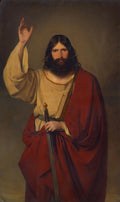 Retrato de Jesus Cristo, atribuído a Friedrich Von Amerling, com barba, cabelo longo, vestes claras e capa vermelha, segurando uma espada e com a mão direita erguida em sinal de bênção ou saudação, sobre fundo neutro. A obra é conhecida como 'Cristo com a Espada'.
