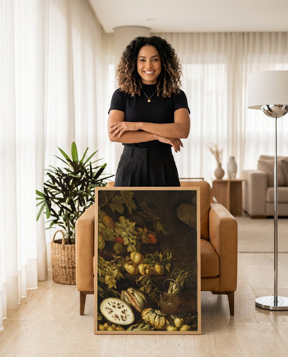 Quadro Decorativo Natureza-Morta com Frutas e Vegetais - Rubens com modelo em ambiente