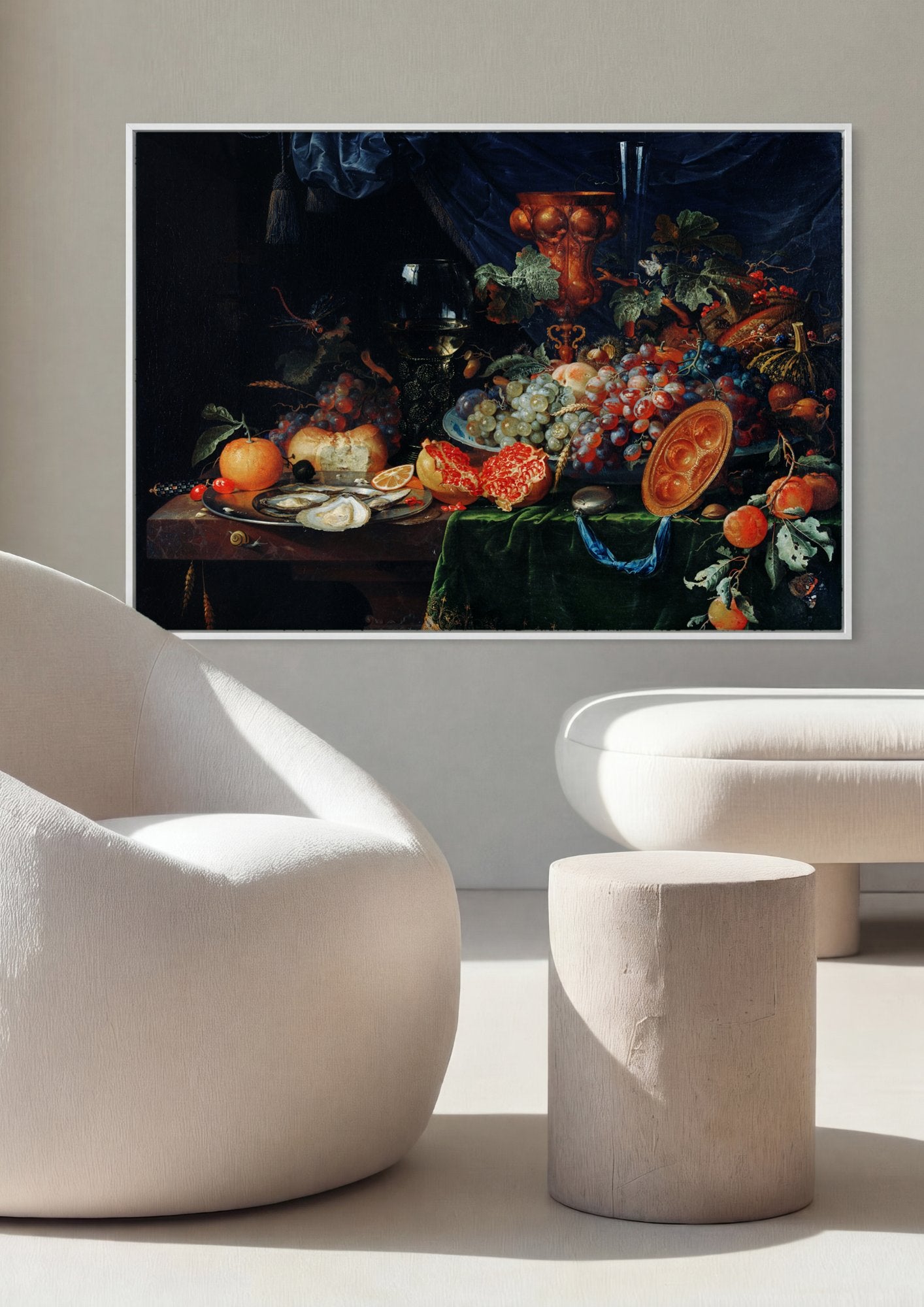 Quadro Decorativo Natureza-Morta com Frutas e Ostras - Abraham Mignon em ambiente decorado