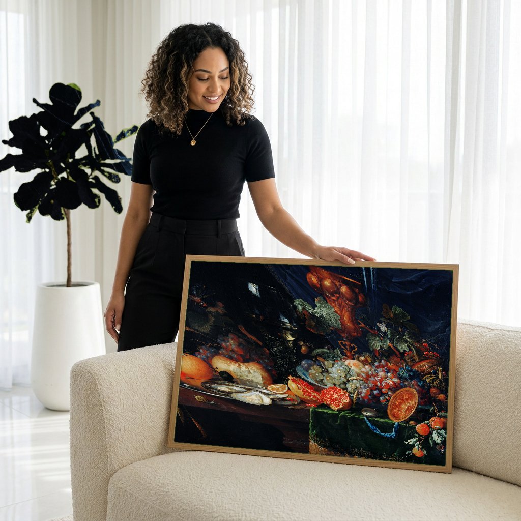 Quadro Decorativo Natureza-Morta com Frutas e Ostras - Abraham Mignon com modelo em ambiente