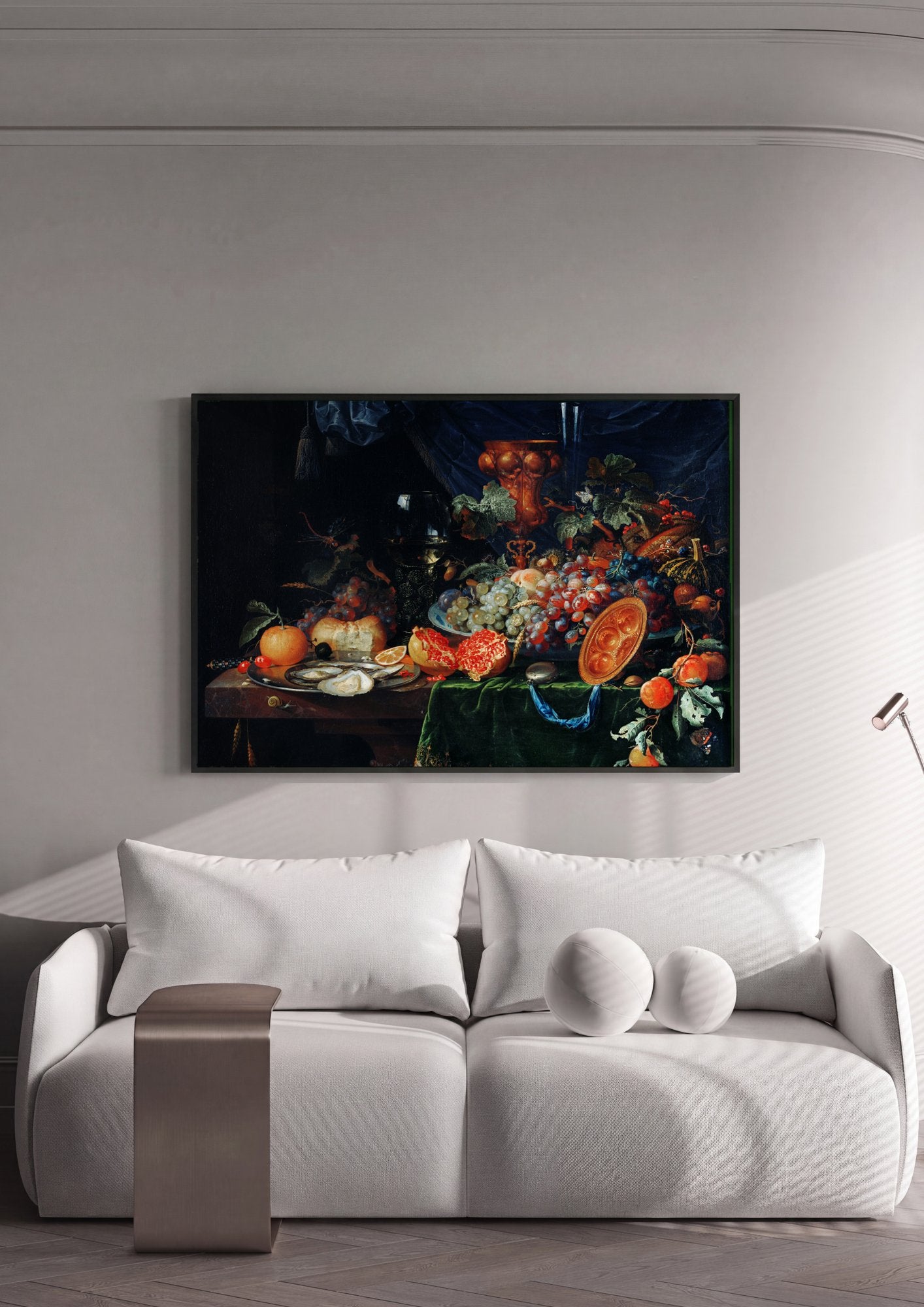 Quadro Decorativo Natureza-Morta com Frutas e Ostras - Abraham Mignon em ambiente decorado