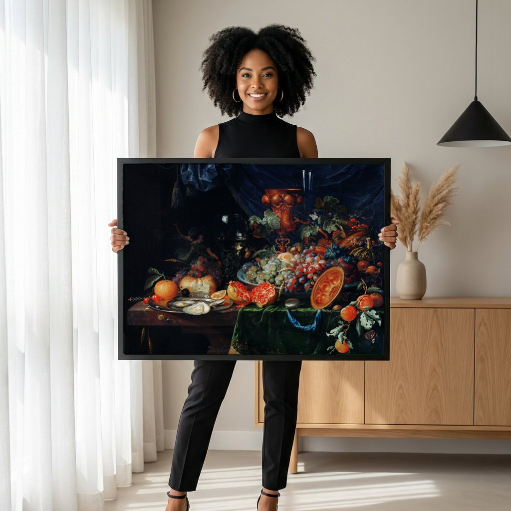 Quadro Decorativo Natureza-Morta com Frutas e Ostras - Abraham Mignon com modelo em ambiente