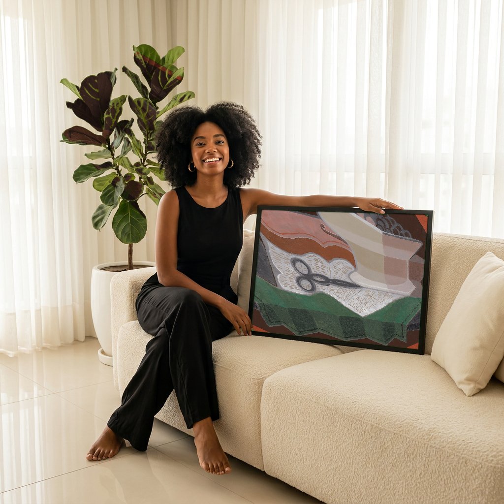 Quadro Decorativo Natureza Morta com Fruteira e Garrafa - Juan Gris com modelo em ambiente