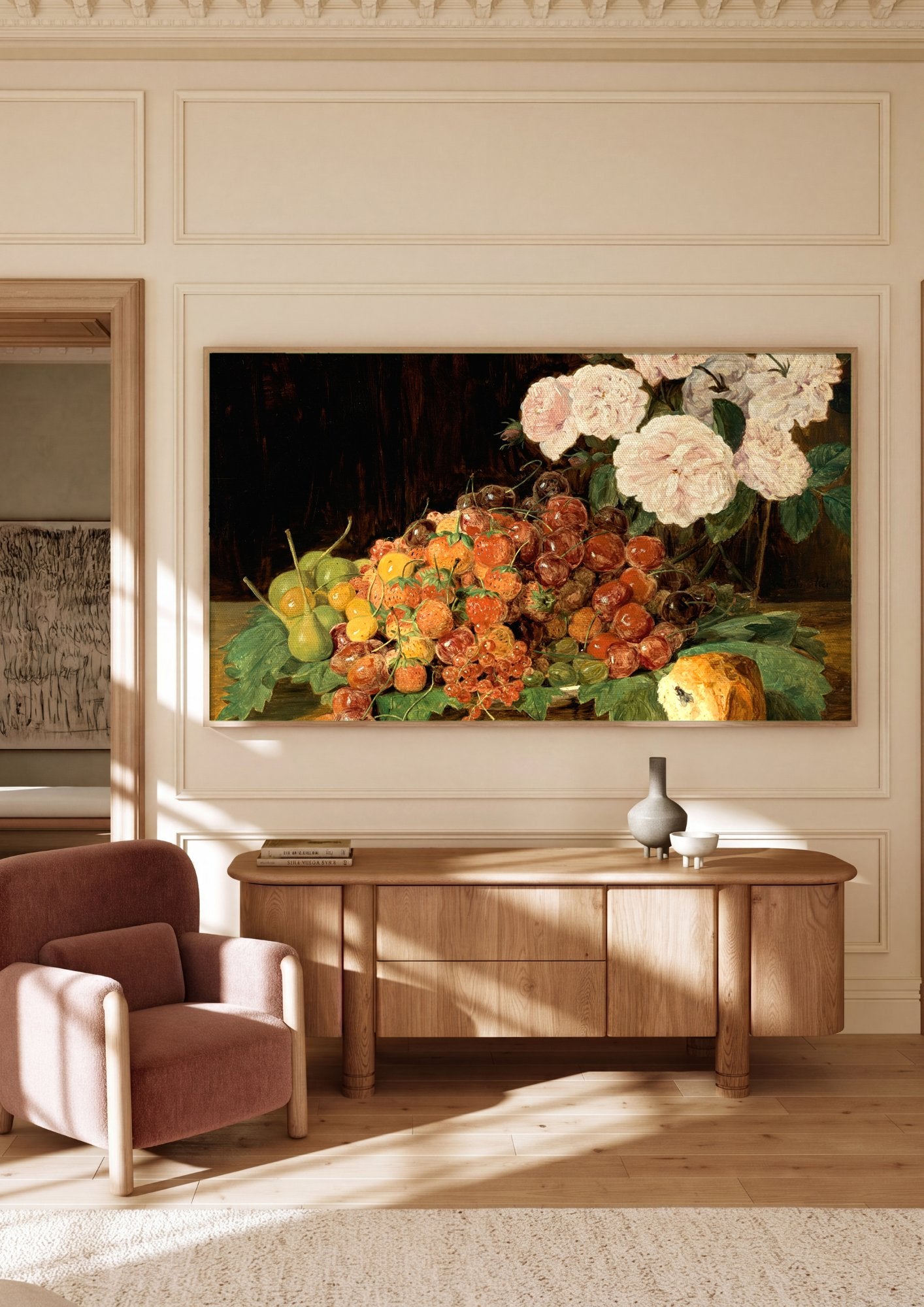 Quadro Decorativo Natureza Morta com Frutas e Rosas - Waldmüller em ambiente decorado