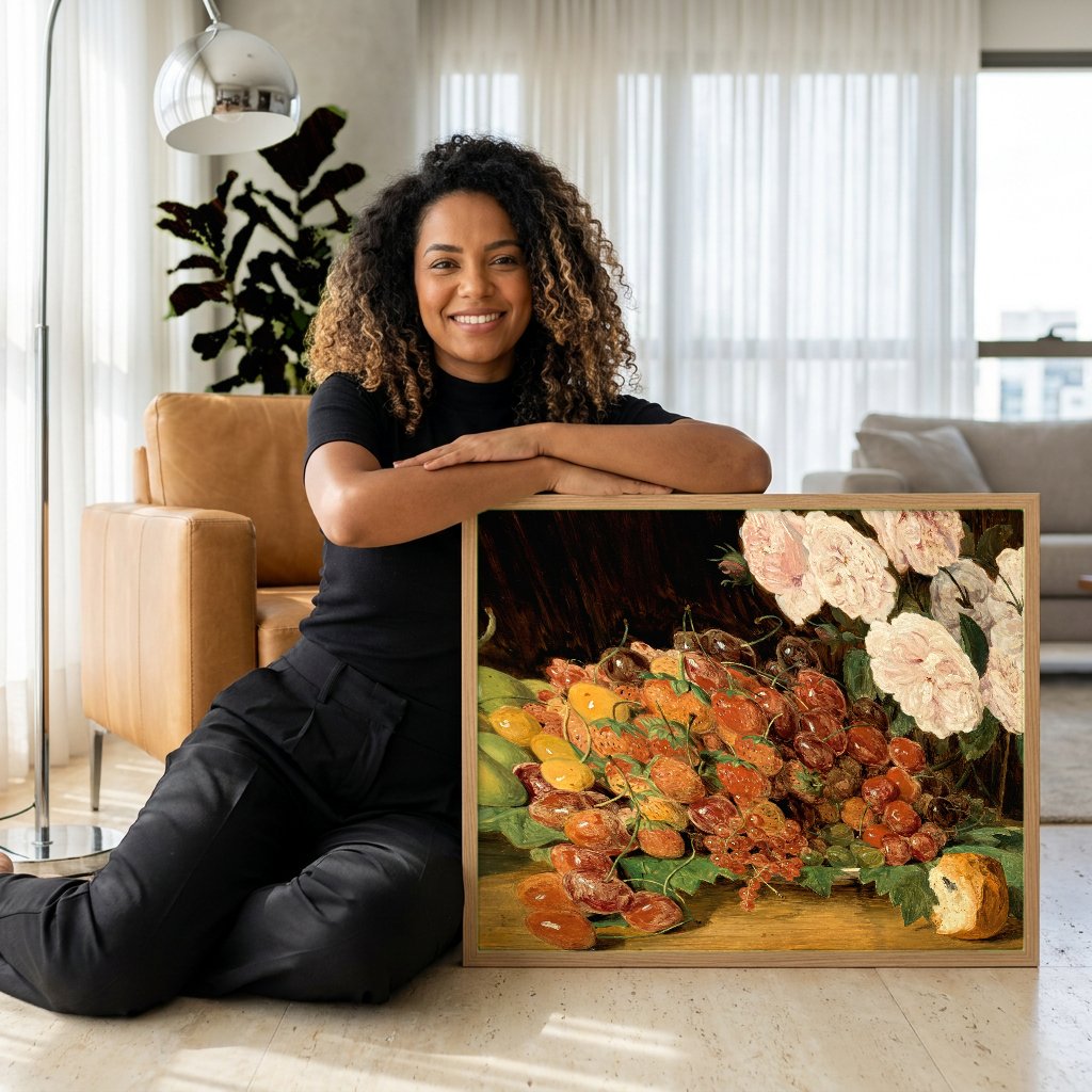 Quadro Decorativo Natureza Morta com Frutas e Rosas - Waldmüller com modelo em ambiente