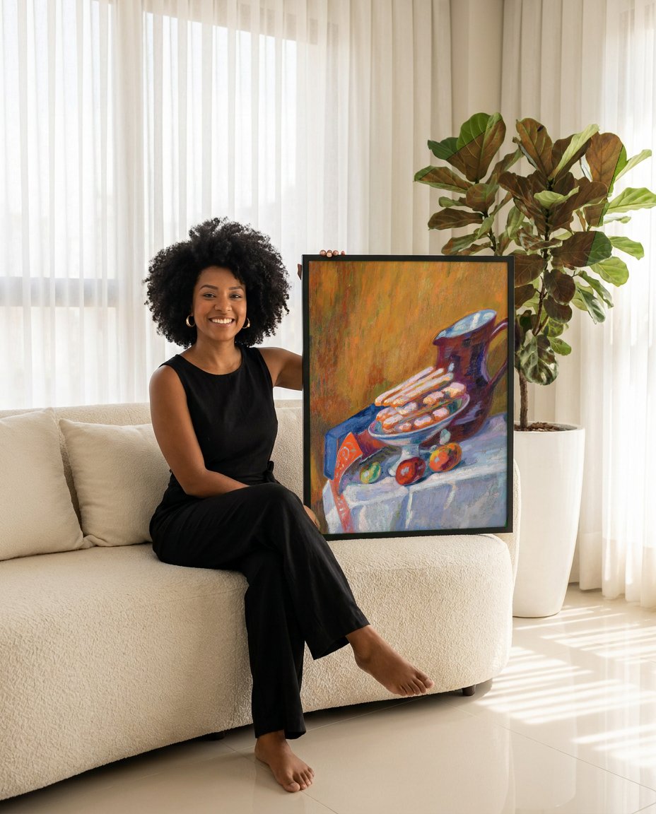 Quadro Decorativo Natureza-Morta com Frutas e Biscoitos - Guillaumin com modelo em ambiente