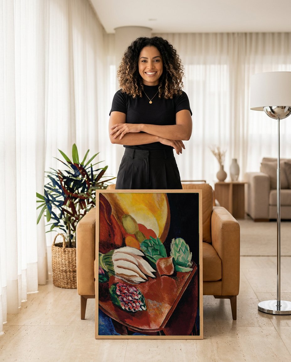 Quadro Decorativo Natureza-Morta com Frutas e Jarro - Moïse Kisling com modelo em ambiente