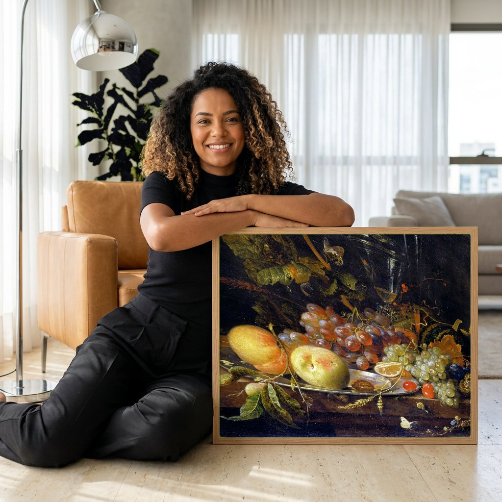 Quadro Decorativo Natureza-Morta com Frutas - Abraham Mignon com modelo em ambiente