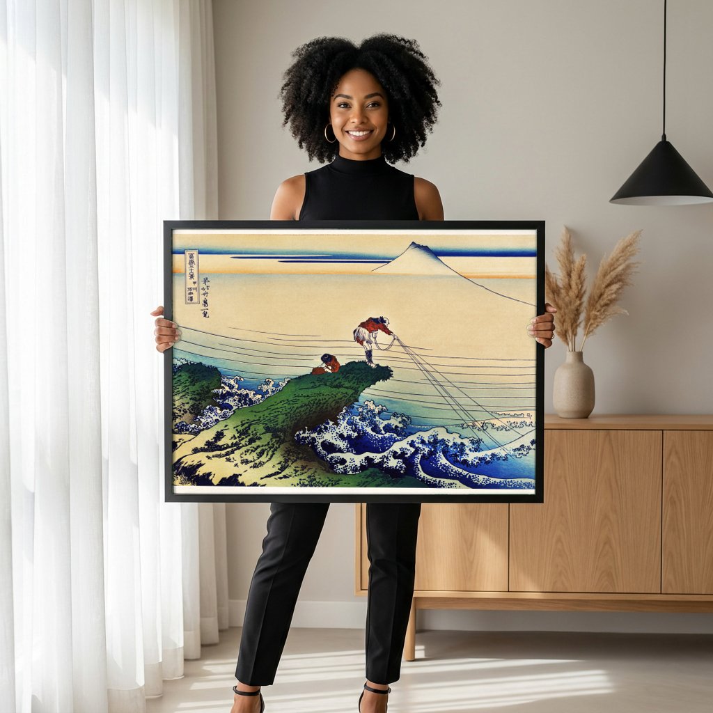 Quadro Decorativo Pescadores e Monte Fuji - Hokusai com modelo em ambiente