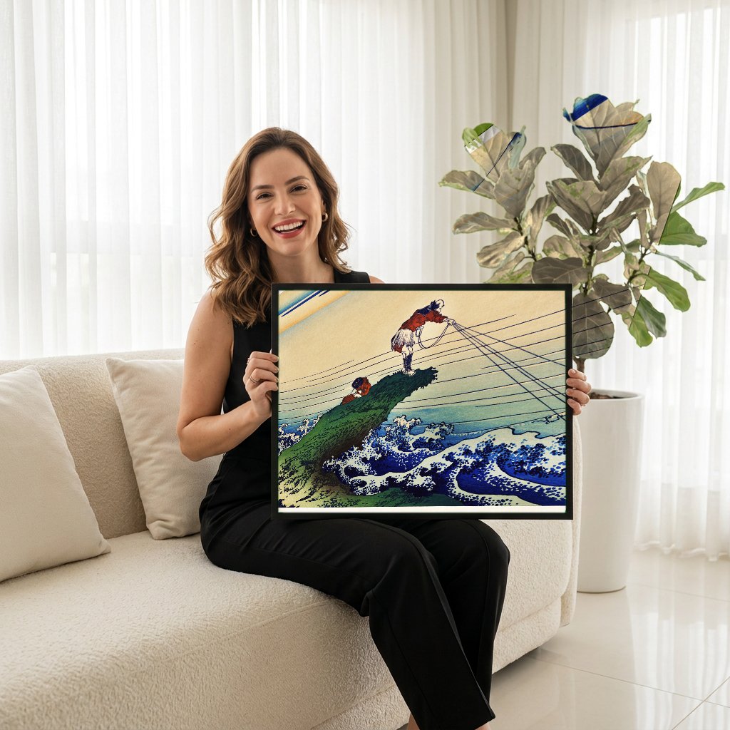 Quadro Decorativo Pescadores e Monte Fuji - Hokusai com modelo em ambiente